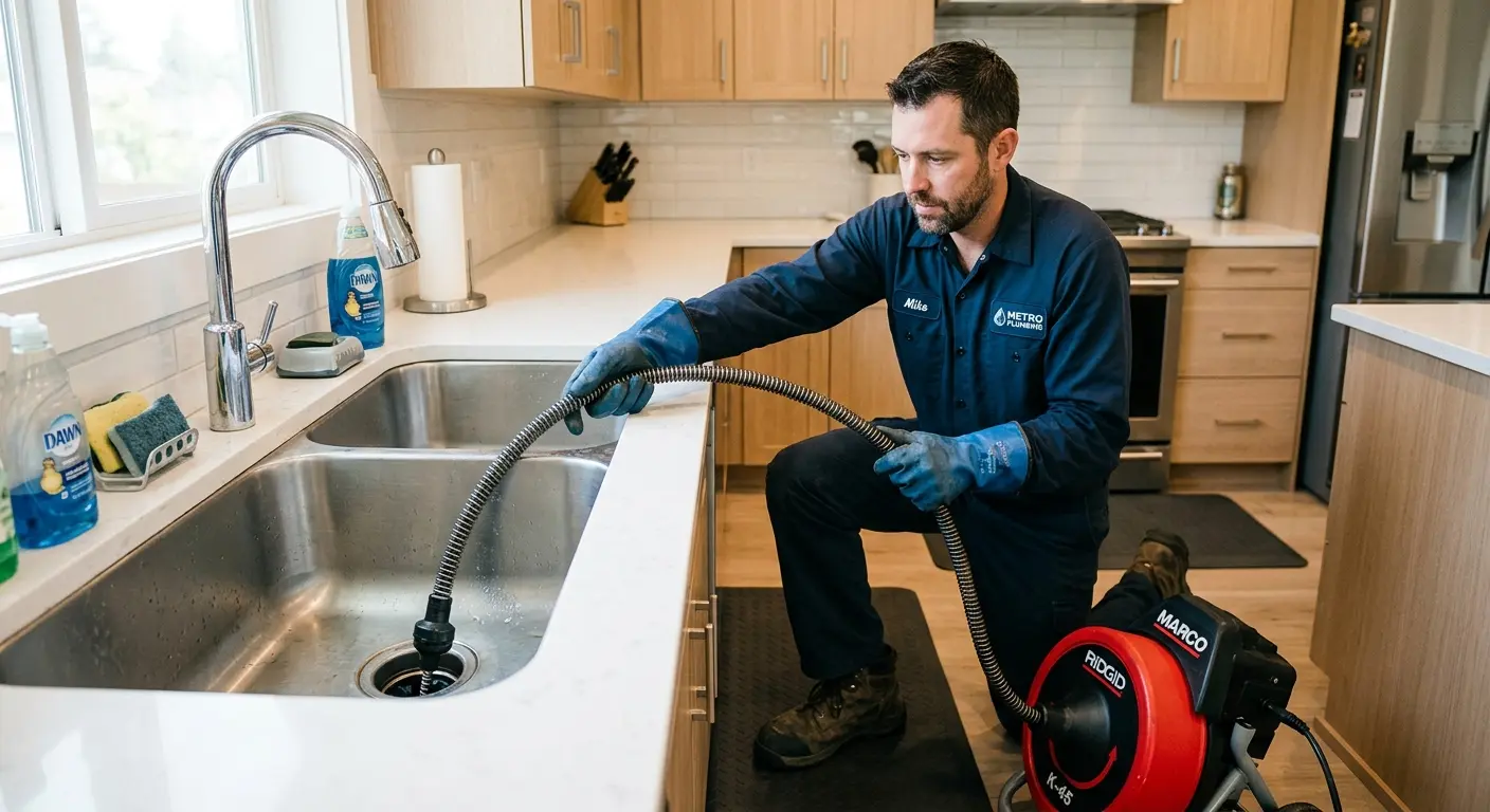 Drain cleaning technician using a motorized snake on a kitchen sink in Prosper