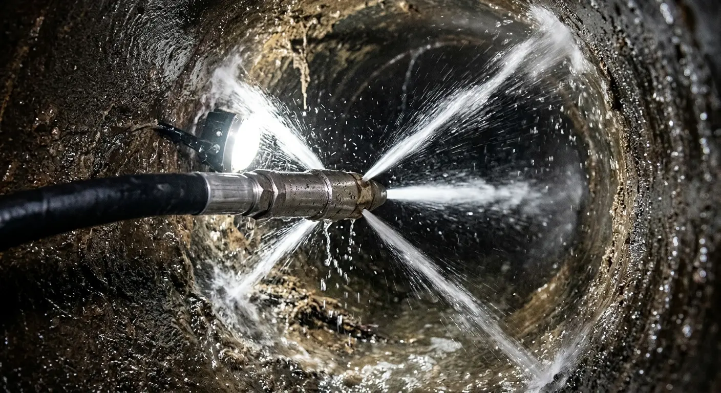 High-pressure hydro jetting nozzle cleaning sewer pipe for Emergency Drain Service in Prosper