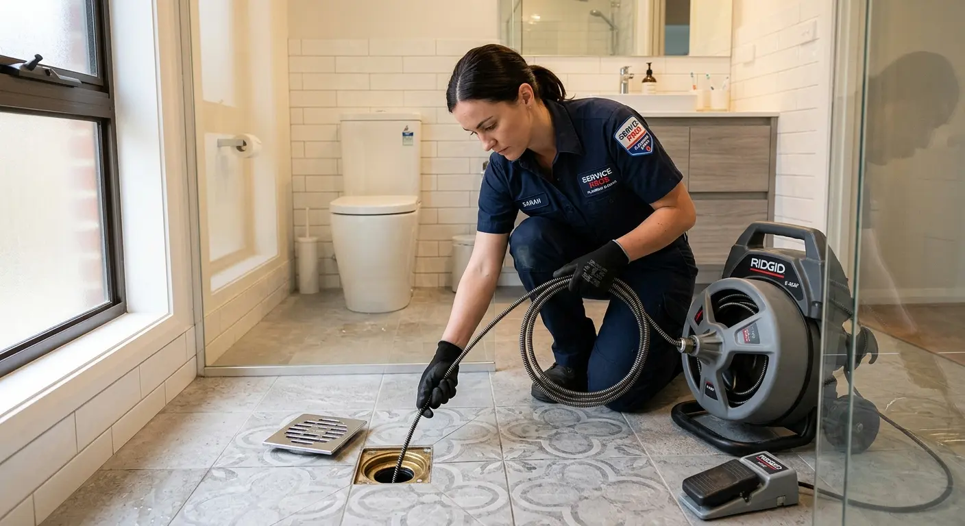 Technician clearing a bathroom floor drain for Hydro Jetting in Prosper